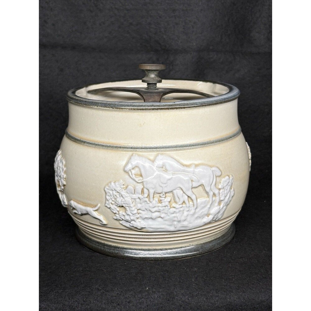 Antique Doulton Lambeth Pottery Stoneware Tobacco Jar Canister Metal Locking